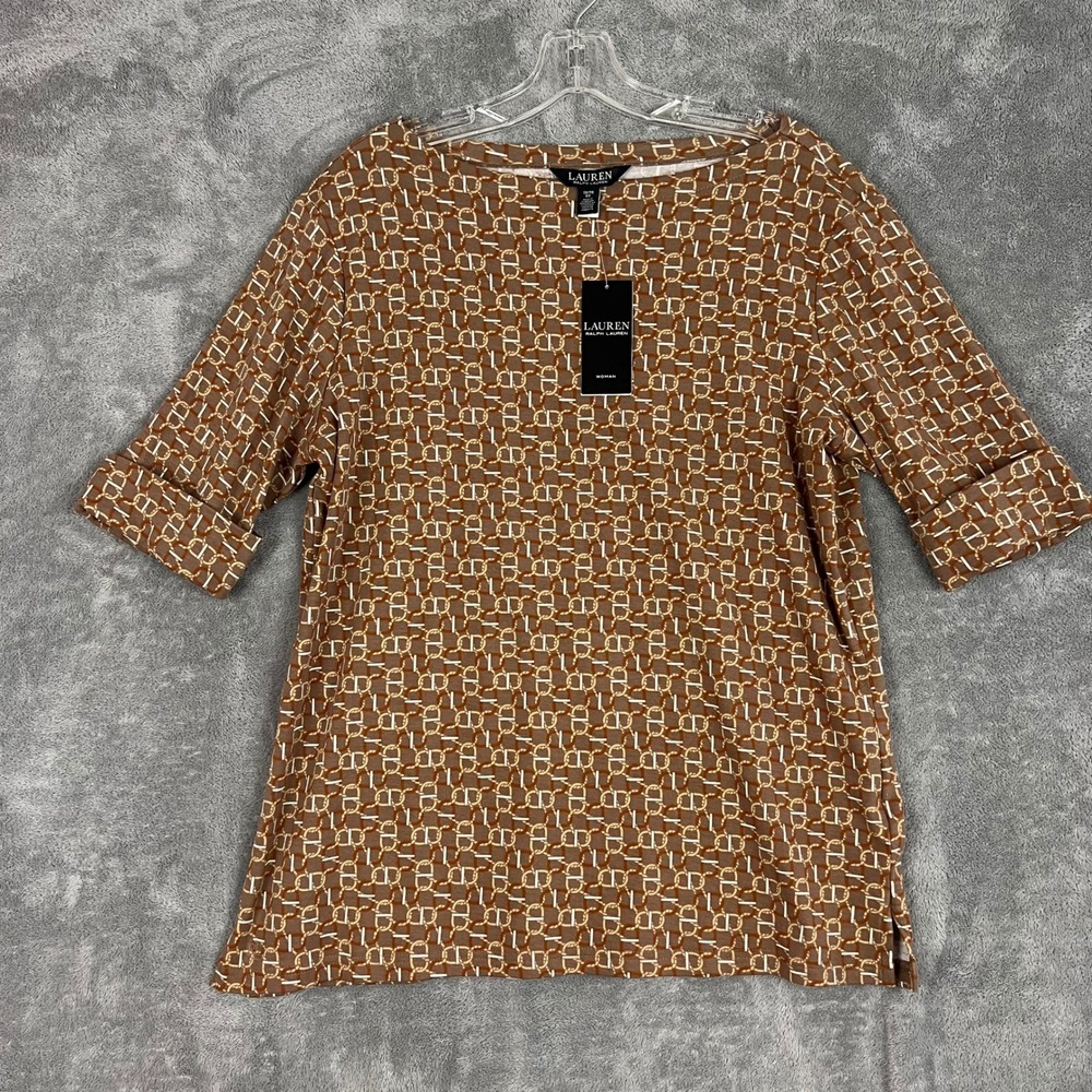 Ralph Lauren Black Label Geo-Print Stretch Cotton Boatneck Tee Womens 1X NWT